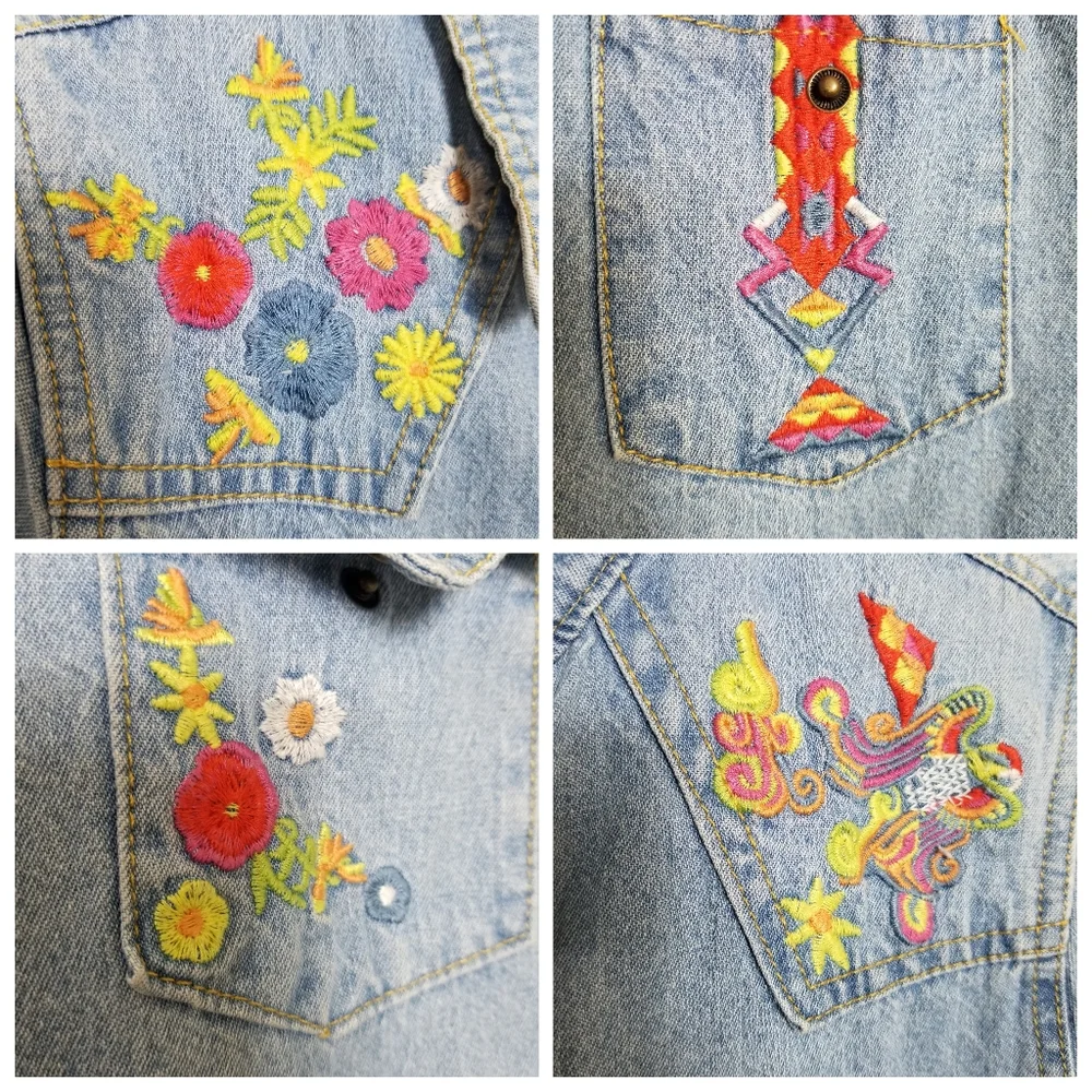 Free People Home Made Denim Shirt Wunderlust Embroidered Sz L - Picture 5 of 15